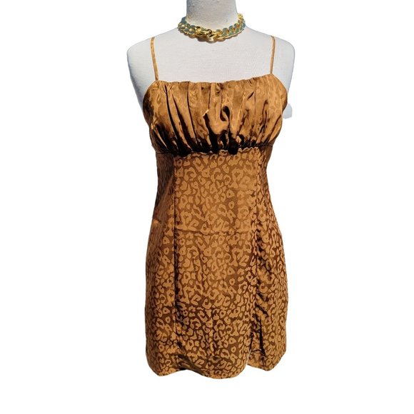 Forever21 Womans Bronze Leopard Print Spaghetti Strap Satin Dress Mini Medium - Picture 1 of 11